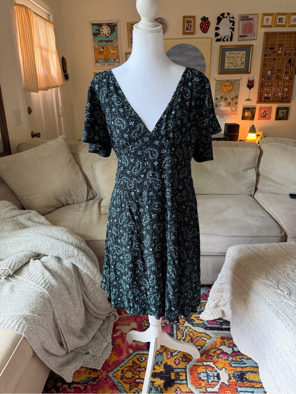 Boston Proper Black and Teal Paisley Print Dress Women's XL